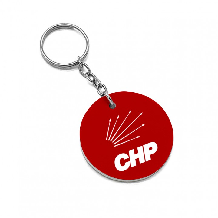 CHP Logolu Kırmızı Yuvarlak Suni Deri Anahtarlık Metal Zincirli Çift Taraf UV Baskılı Promosyon Model